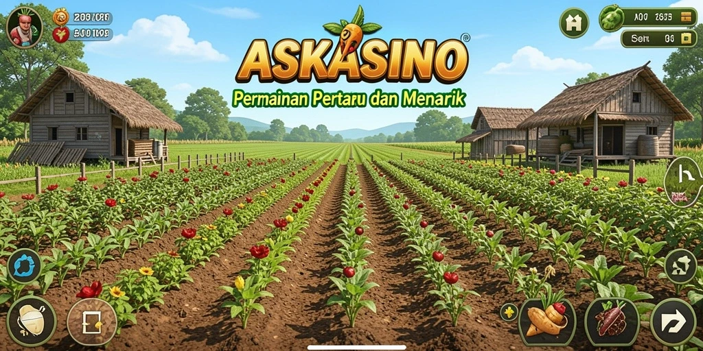 Tangkapan layar gameplay ASKASINO menunjukkan ladang subur yang dikelola dengan baik.