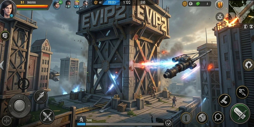 Screenshot gameplay EVIP2 menampilkan aksi menara bertahan yang intens.