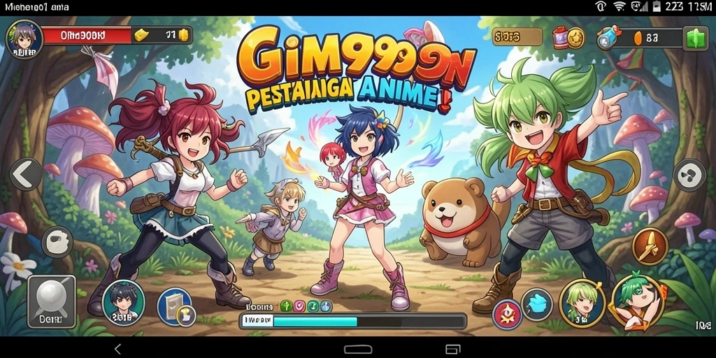 Tampilan gameplay seru dari GIM999 yang menampilkan pertarungan karakter Anime.