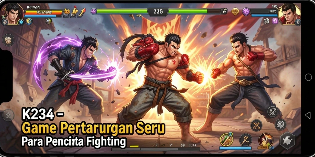 Screenshot K234 menunjukkan karakter bertarung dengan gerakan dinamis dan aksi menegangkan.