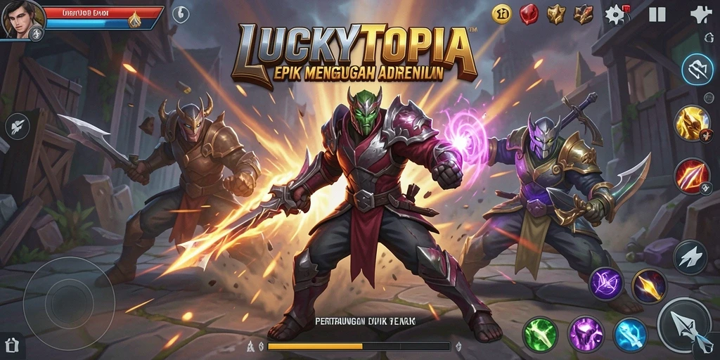 Tangkapan layar LUCKYTOPIA dengan aksi pertarungan yang intens.