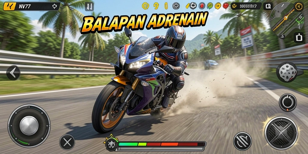 Screenshot gameplay NV77 menunjukkan momen balapan yang mendebarkan.