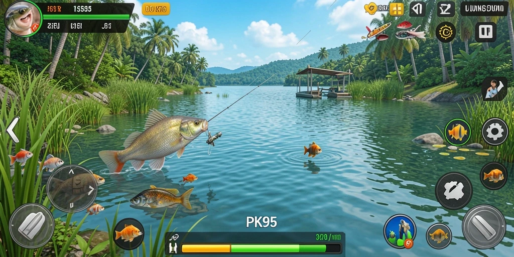 Tampilan gameplay PK95 dengan aktivitas memancing yang menarik.