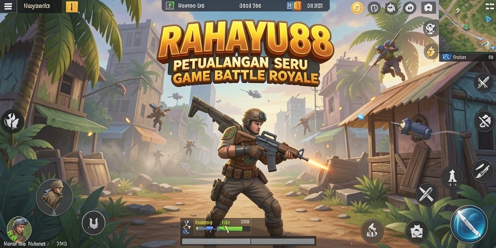 Screenshot utama RAHAYU88 menunjukkan aksi seru di medan perang Battle Royale.