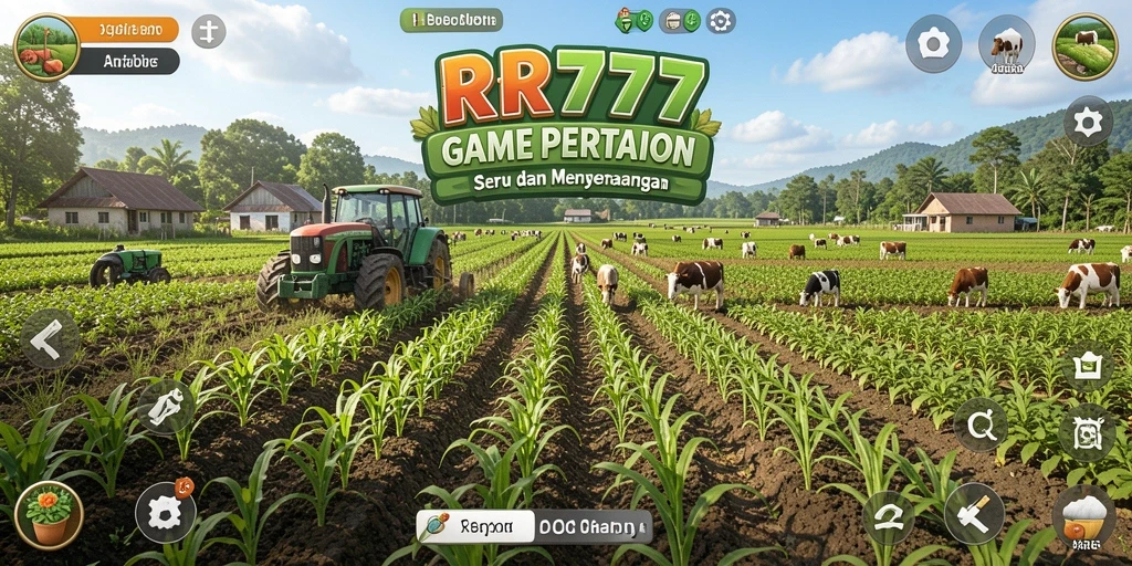 Screenshot gameplay menampilkan ladang hijau yang subur dan hewan ternak.