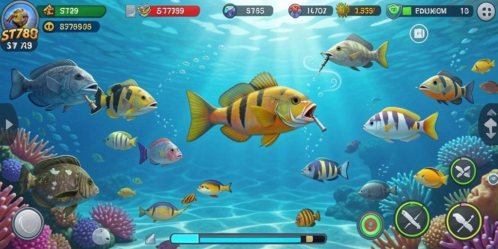 Screenshot gameplay ST789 menampilkan aksi menembak ikan yang seru.