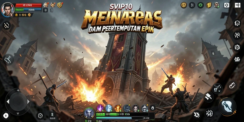 Tampilan gameplay SVIP10 dengan menara yang sedang bertarung melawan gelombang musuh.
